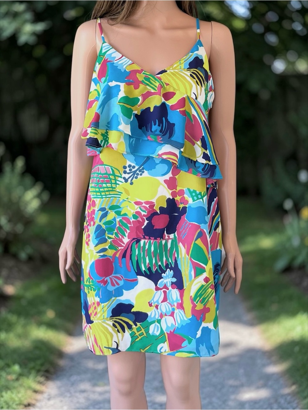 J.Crew Tropical Print Ruffle Mini Dress Cami Bright Colorful Lined Size 6